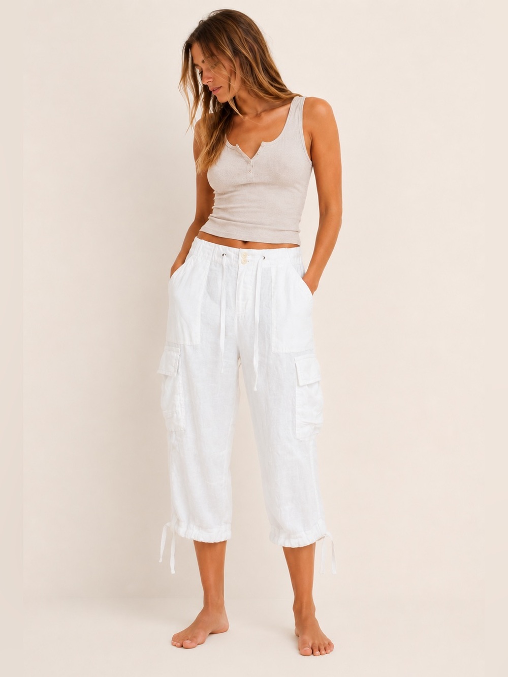 Lauren Ralph Lauren White Linen Cargo Pants Cropped Small